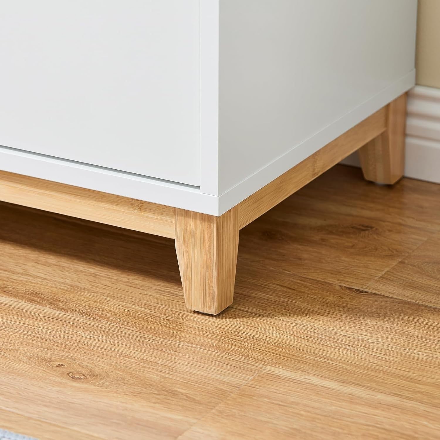White Sideboard Cabinet with Drawer & Adjustable Shelves Bamboo Legs 60x34x85cm