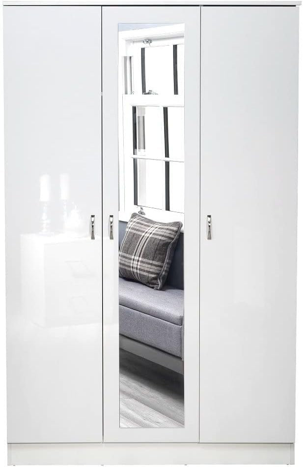 Contemporary 3-Door White Gloss Wardrobe with Mirror & Lockable Storage