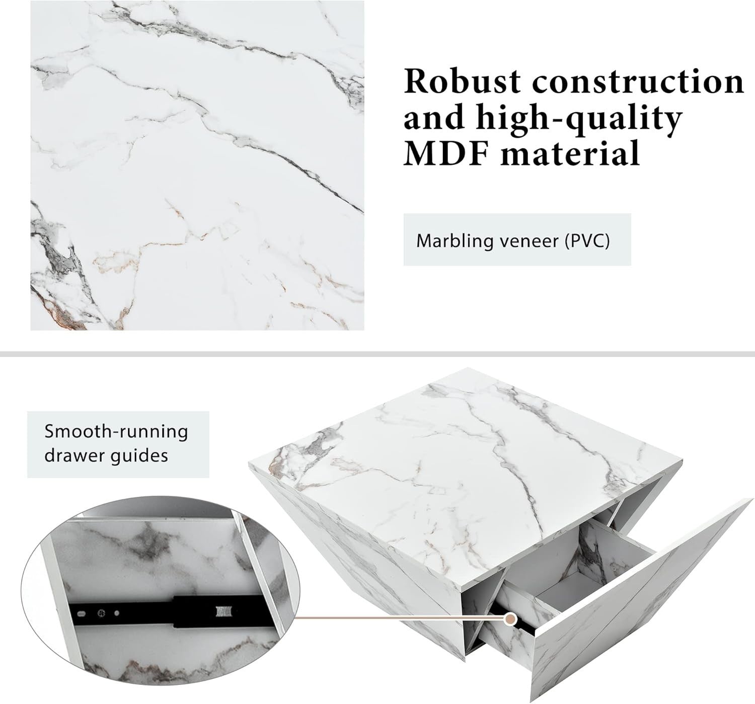 White Marble Veneer Coffee Table with Storage 70x70x36cm Square Side Table