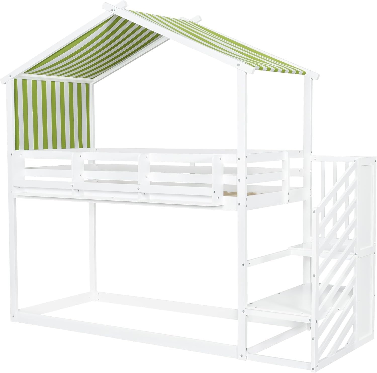 Kids Bunk Bed with Bookshelf & Stairs, Canopy Frame, No Mattress