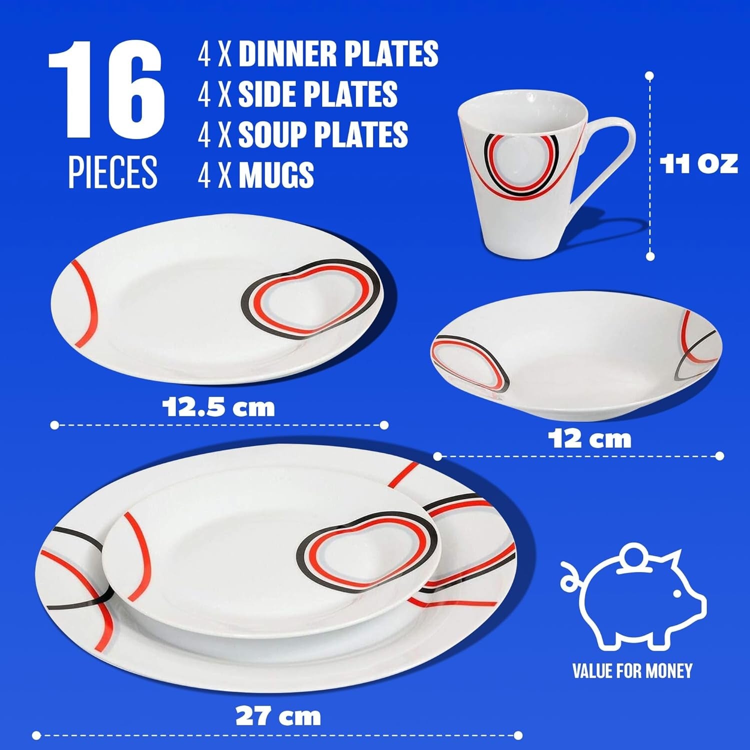 16pc Porcelain Dinner Set Plates Bowls Mugs Microwave Dishwasher Safe