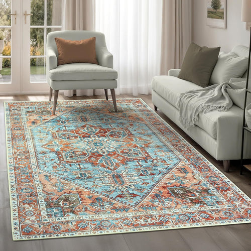 Washable Area Rug 152x213cm Vintage Cyan Blue Salmon Non-Slip Soft Living Room
