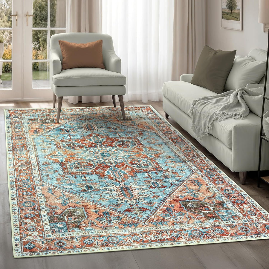 Washable Area Rug 152x213cm Vintage Cyan Blue Salmon Non-Slip Soft Living Room