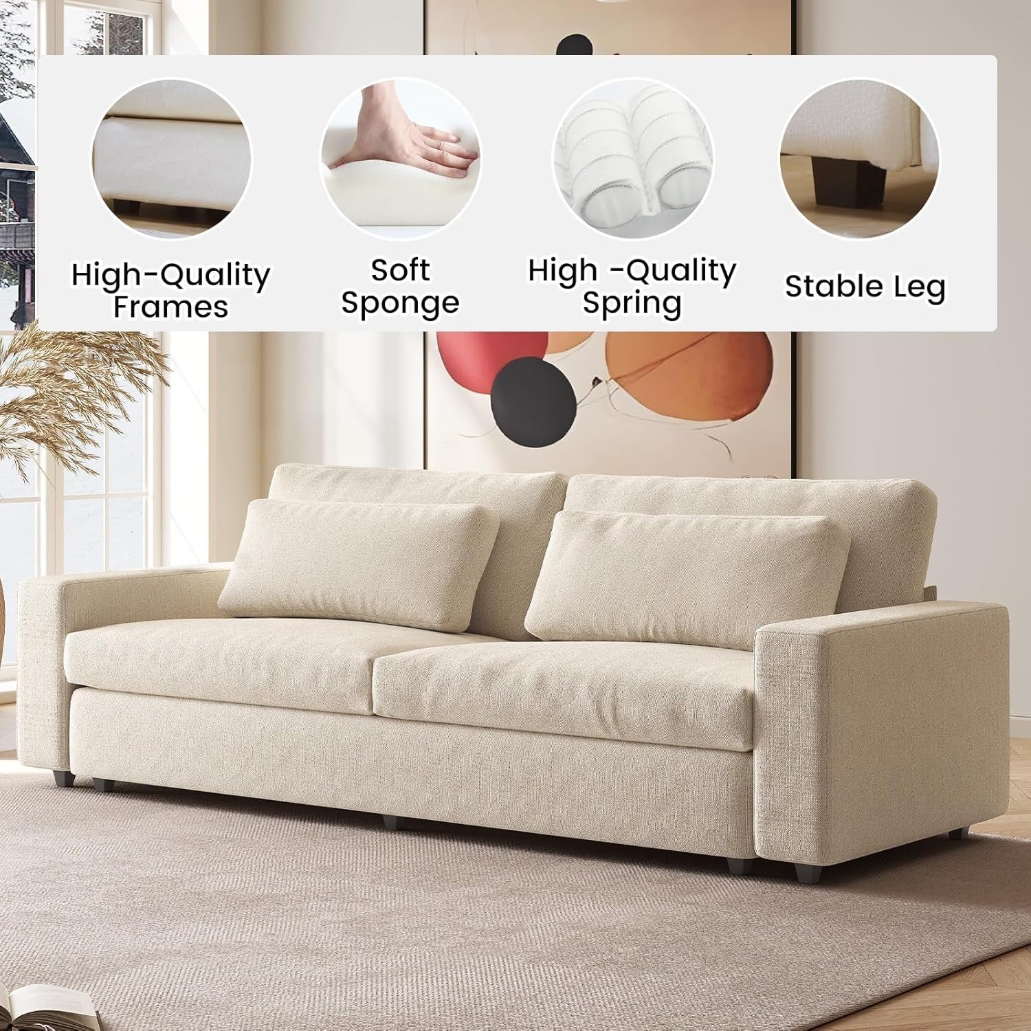 Modern 2-Seater Deep Seat Sofa Beige Fabric Couch with Cushions, 105” Wide