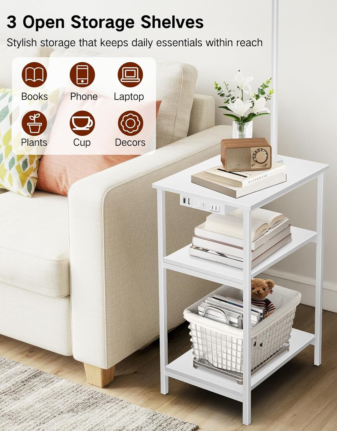 Floor Lamp with Table Remote Charging Station Dimmable LED Nightstand White