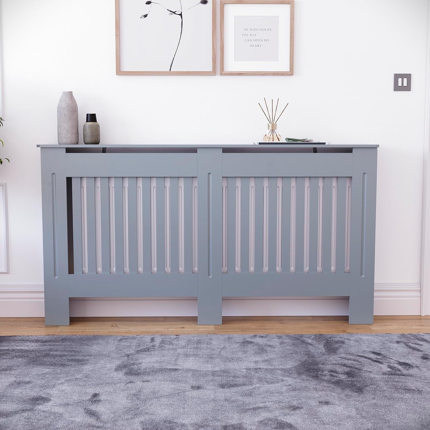 Large Grey Radiator Cover | Modern Slatted MDF Heating Cabinet