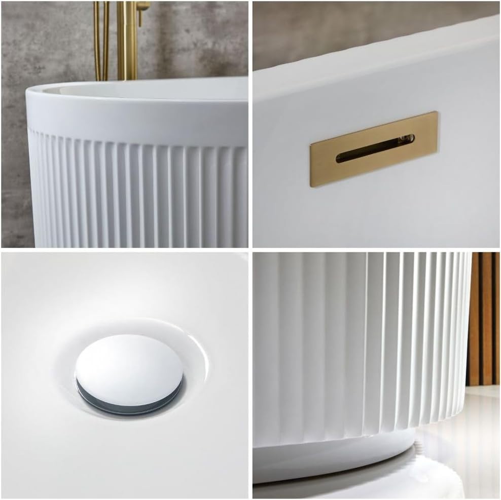 White Freestanding Double Ended Fluted Bath 1700x800mm Brass Overflow