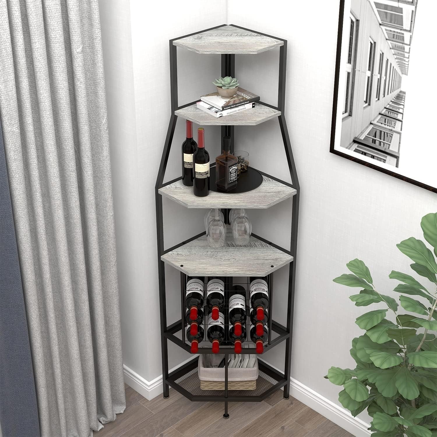 Corner Wine Rack Bar Cabinet with Glass Holder & 5-Tier Display Shelves for Home