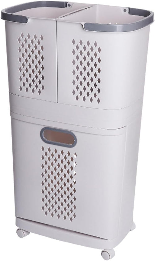 3-Section Laundry Basket on Wheels | Large PP Hamper with Bottom Door | Slim Sto