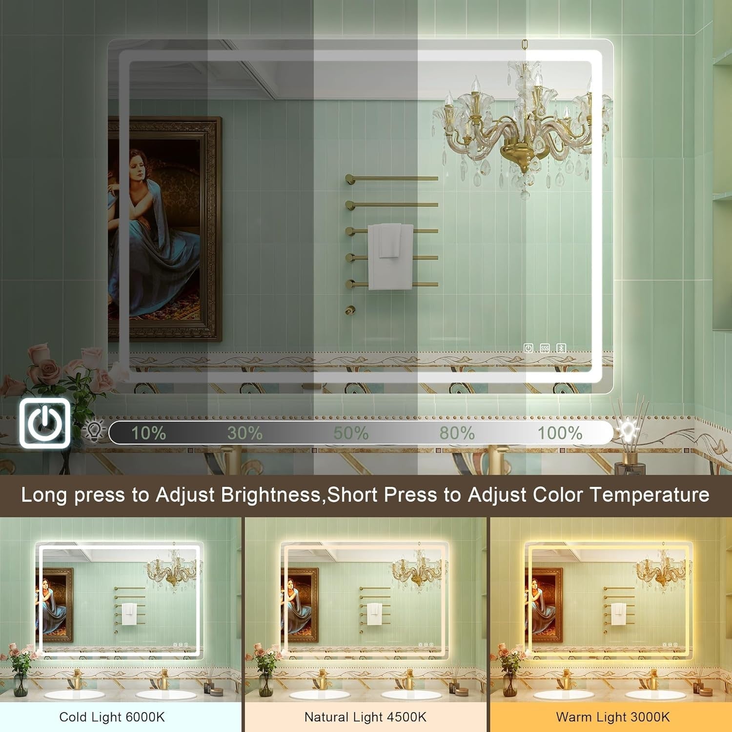 LED Bathroom Mirror 70x100 cm with Bluetooth, Anti-Fog & Dimmable Light