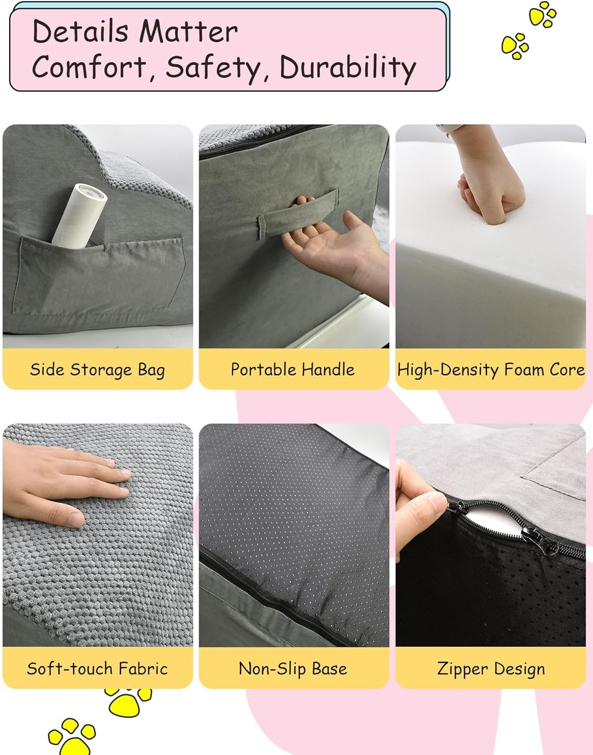 3 Step Dog Stairs Non Slip Pet Steps with Storage Pockets