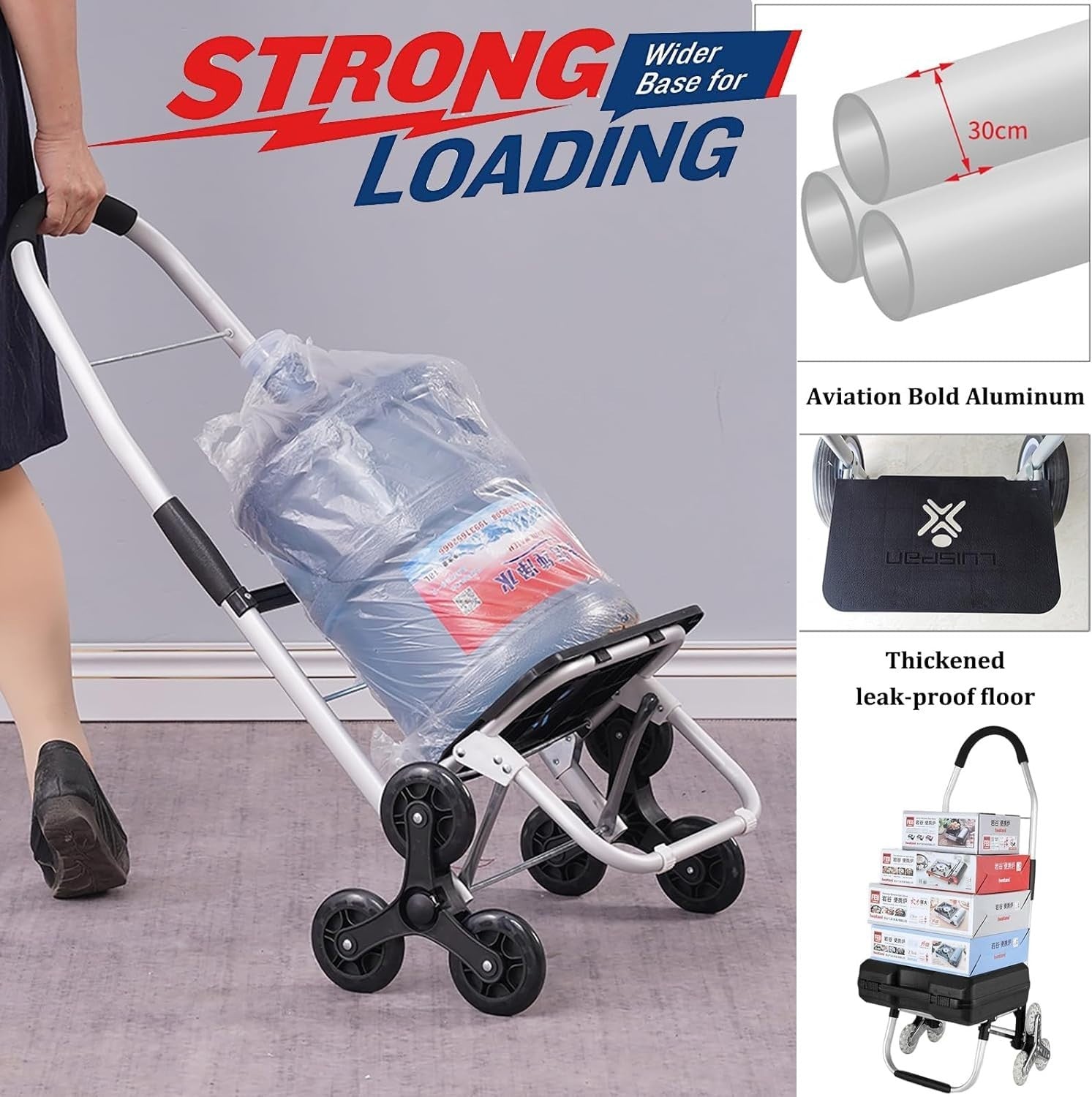 6-Wheel Foldable Stair Climber Trolley 2-in-1 Shopping Cart w/ Detachable Bag