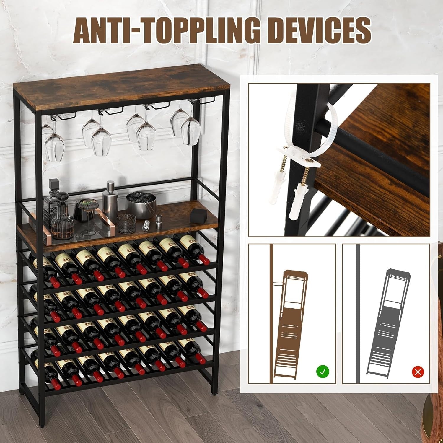 6 Tier Wine Rack 32 Bottle Bar Cabinet with Glass Holder & Display Shelves