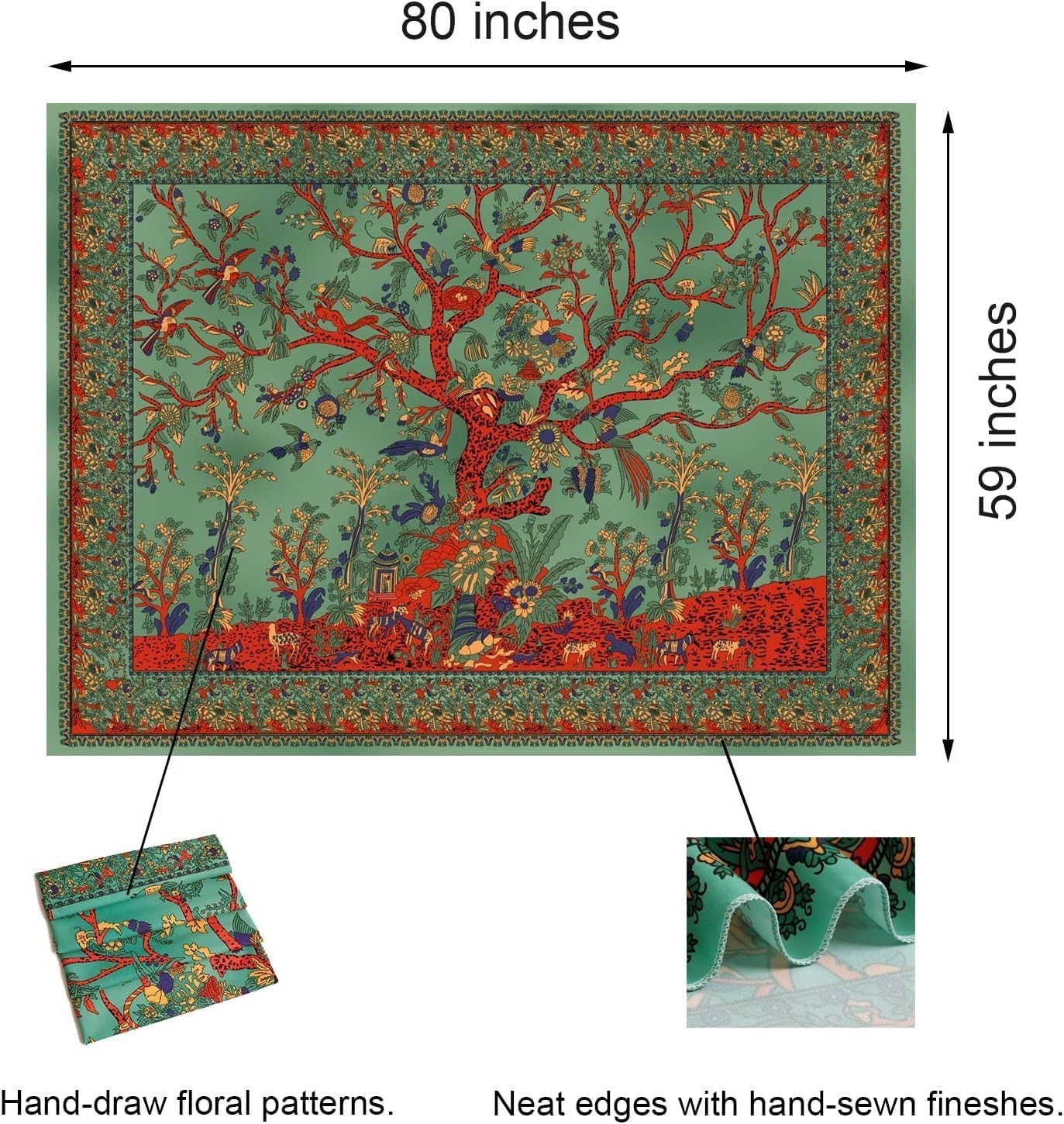 Tree of Life Tapestry Boho Wall Hanging HD Print Aesthetic Decor Green