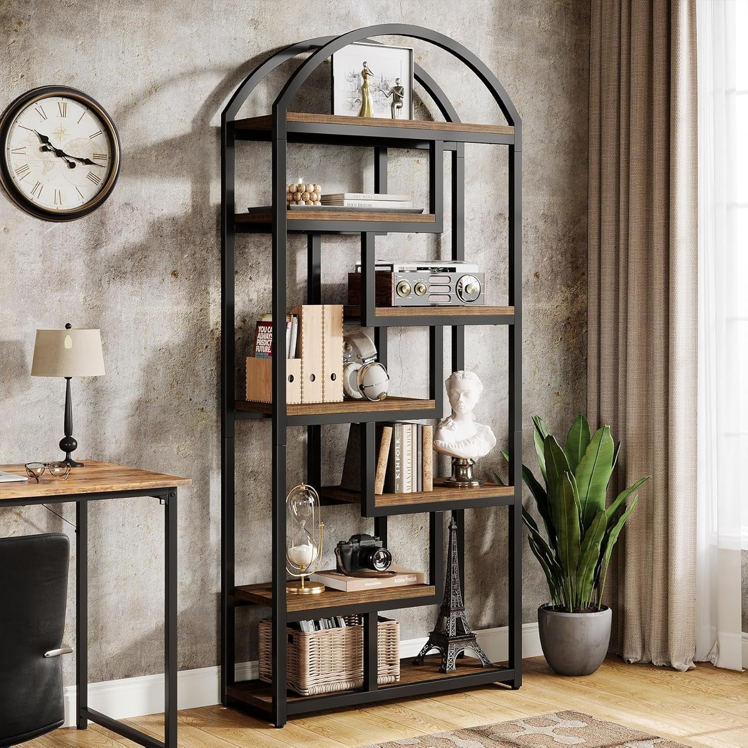 180cm Tall Arch Bookshelf | 7-Tier Rustic Industrial Wood & Metal Display Shelf