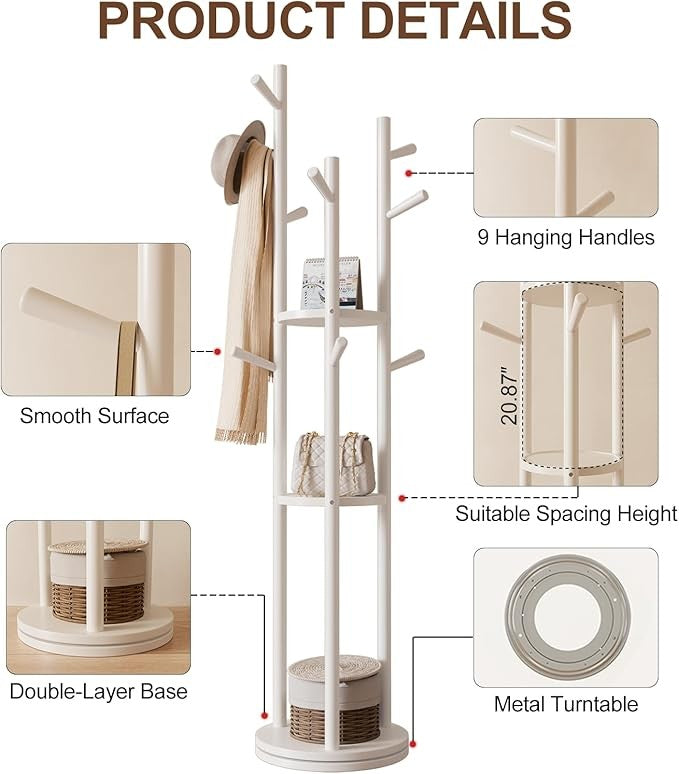 White Wooden Coat Rack Stand with 3 Shelves | 360° Rotating Hall Tree 9 Hooks