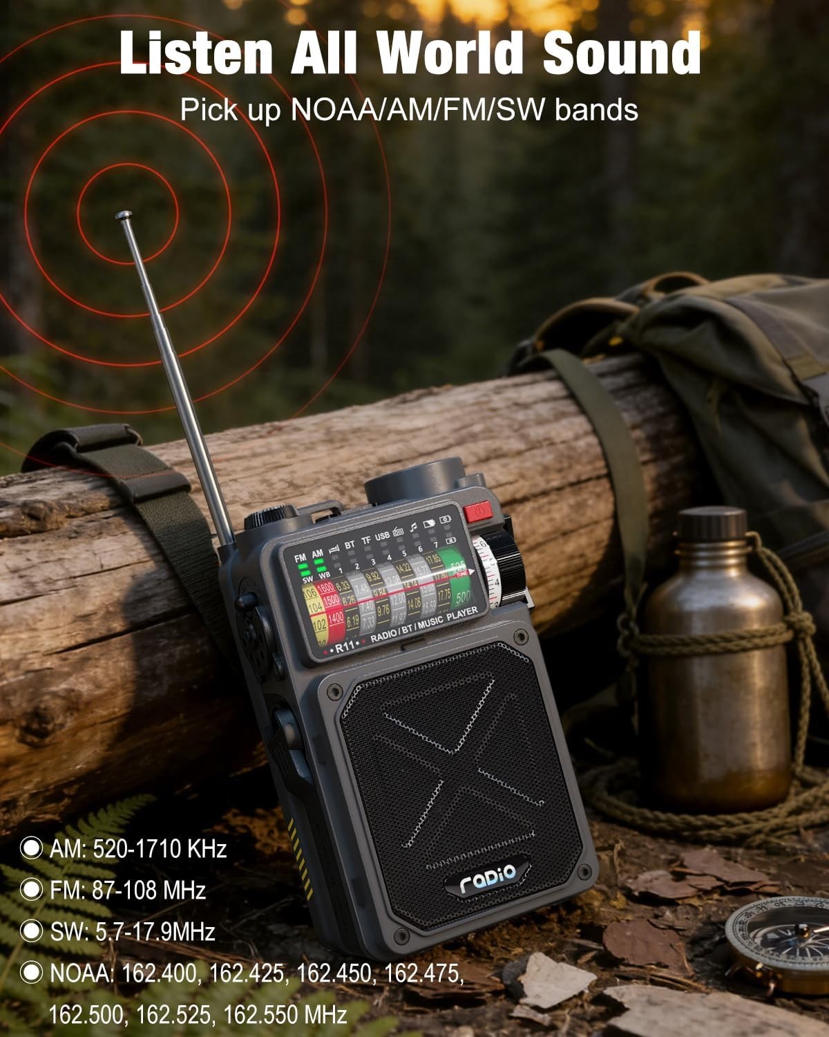 Portable Shortwave Radio NOAA AM FM Solar Crank Bluetooth