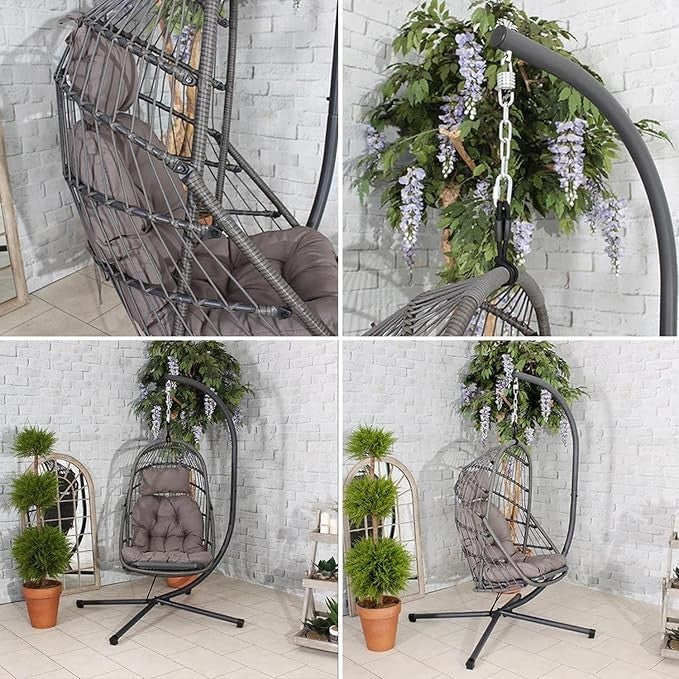 Foldable Rattan Hanging Egg Chair with Stand – Indoor Outdoor Swing Seat