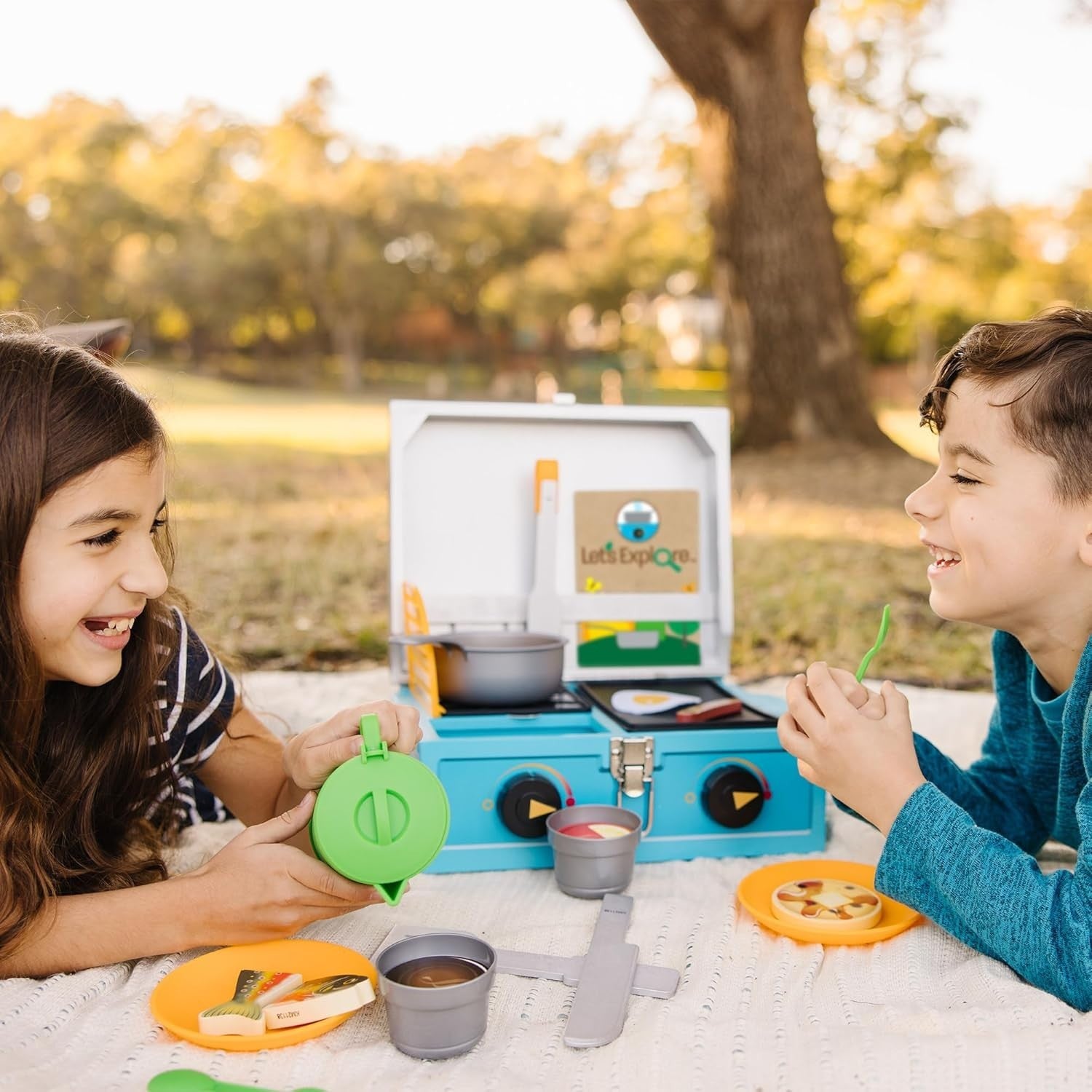 Kids Camping Stove Play Set Wooden Pretend Camp Cooking Toy 24PCS