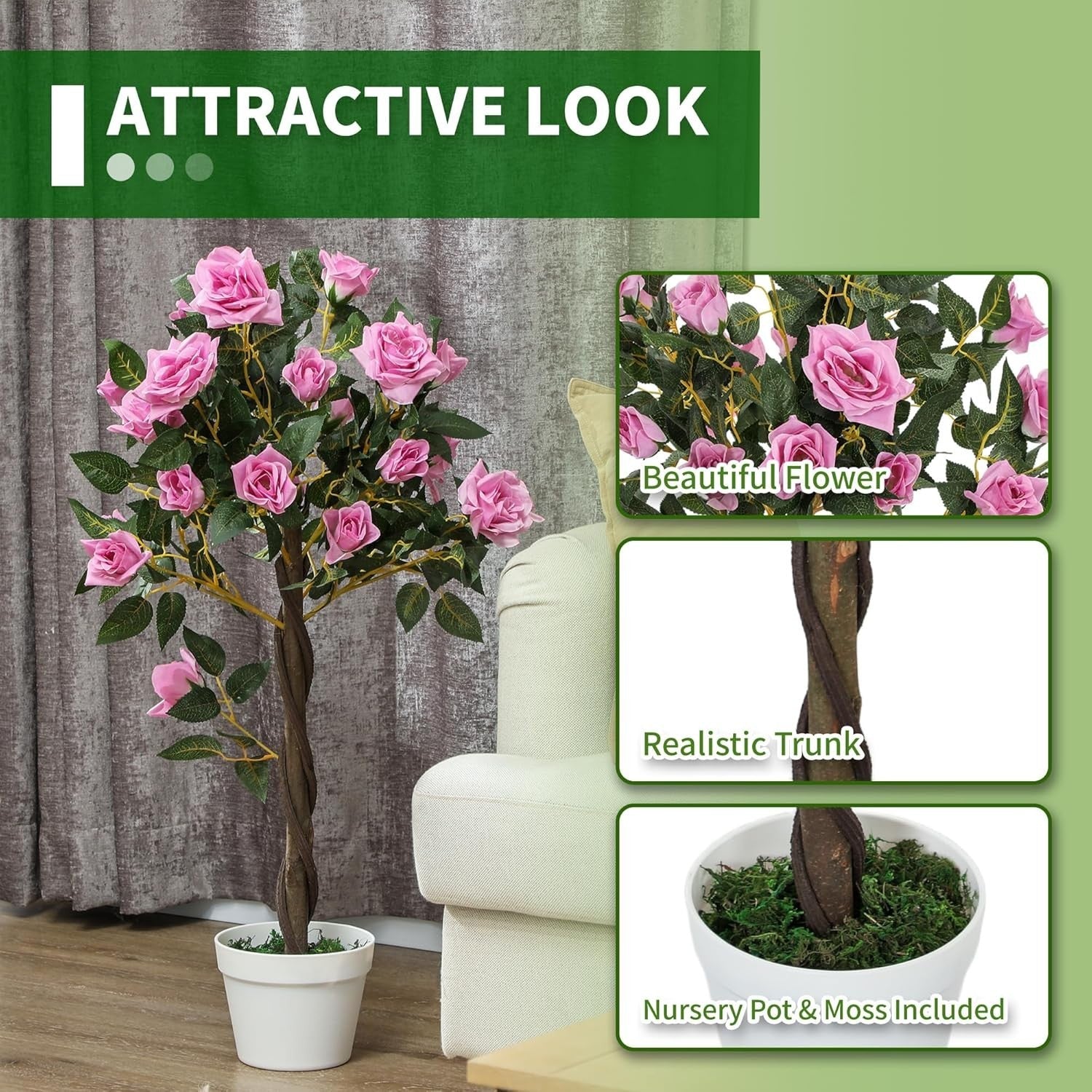 Set of 2 Artificial Rose Trees 90cm Purple Faux Flower Plants Home Garden Decor