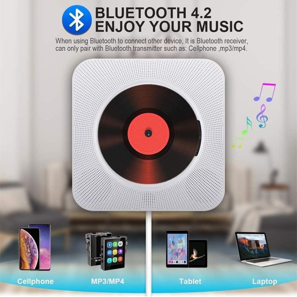 Bluetooth CD Player Wall Mounted HiFi Speakers FM Radio Remote White