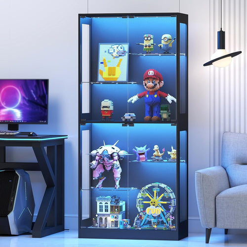Glass Display Cabinet with RGB LED Lights Adjustable Shelves & Magnetic Doors