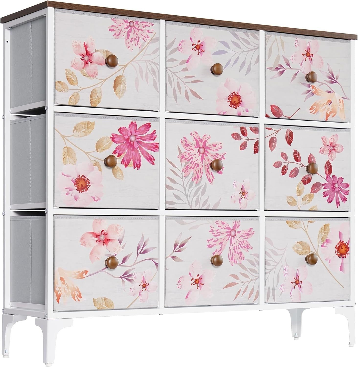 9 Drawer Pink Fabric Storage Chest, Metal Frame Dresser for Bedroom Nursery