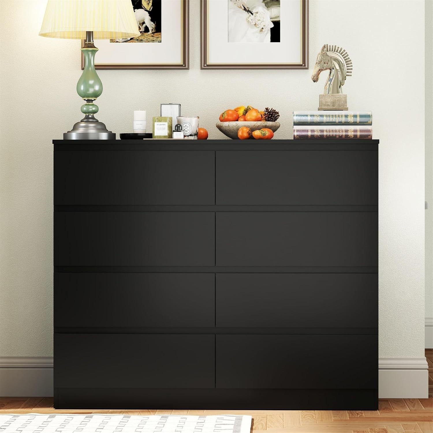 Black 8 Drawer Wide Chest Storage Unit No Handle Modern Bedroom Dresser