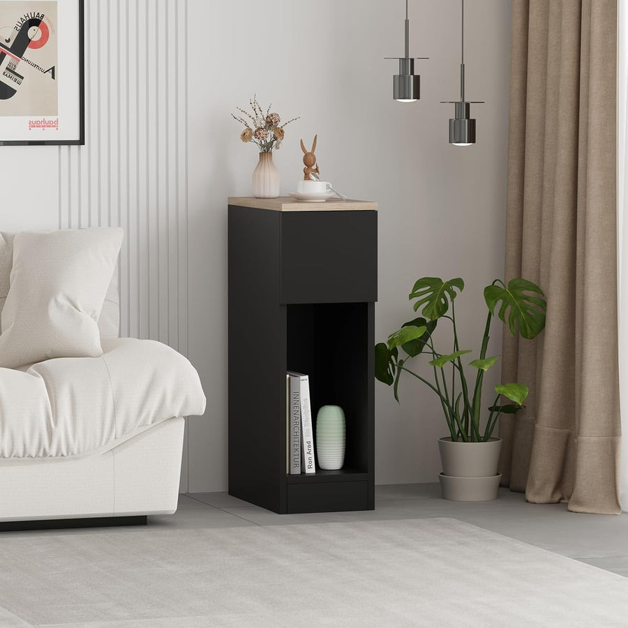 Slim Bedside Table with Drawer & Shelf Narrow Nightstand Small Space Storage