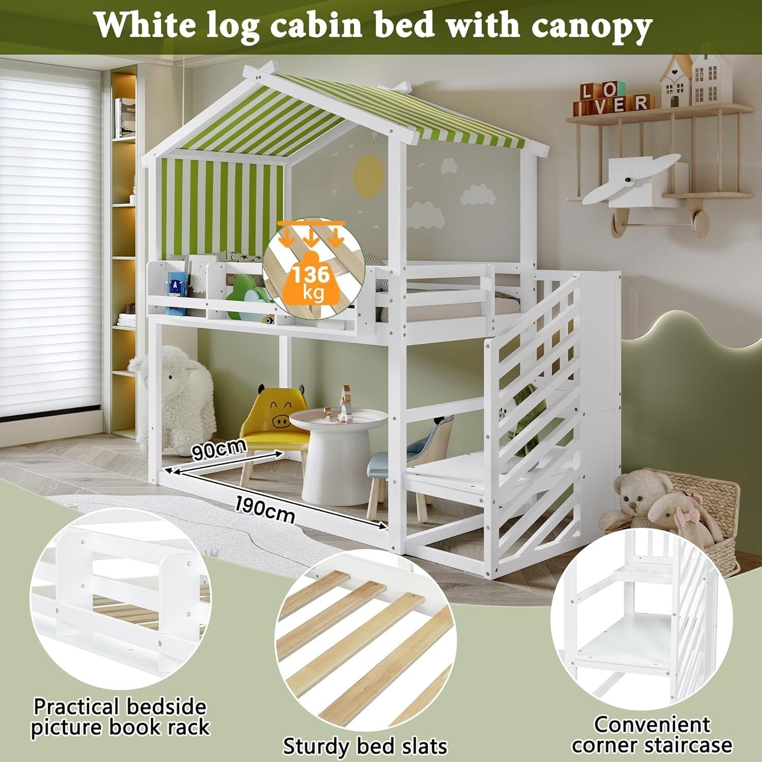 Kids Bunk Bed with Bookshelf & Stairs, Canopy Frame, No Mattress