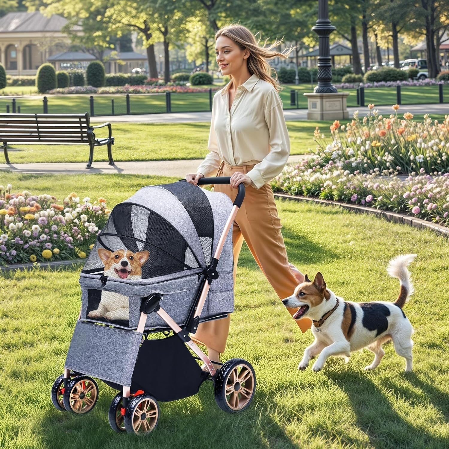 Dog Stroller 22kg Folding Pram Large Wheels Travel Pushchair Storage