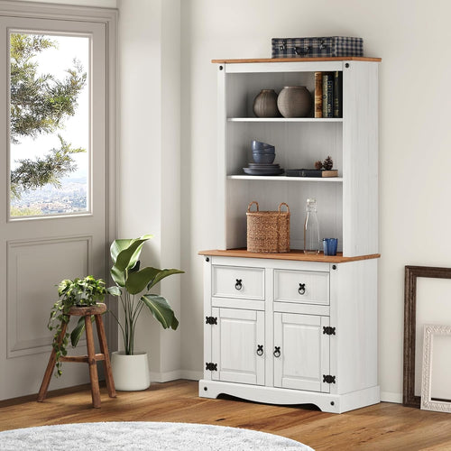 White Wax Buffet Hutch Small Sideboard 2 Doors 2 Drawers 176H