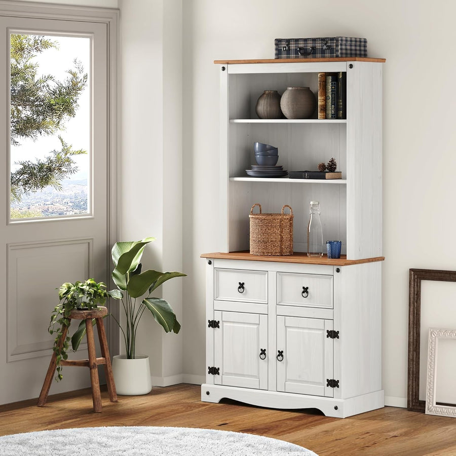 White Wax Buffet Hutch Small Sideboard 2 Doors 2 Drawers 176H