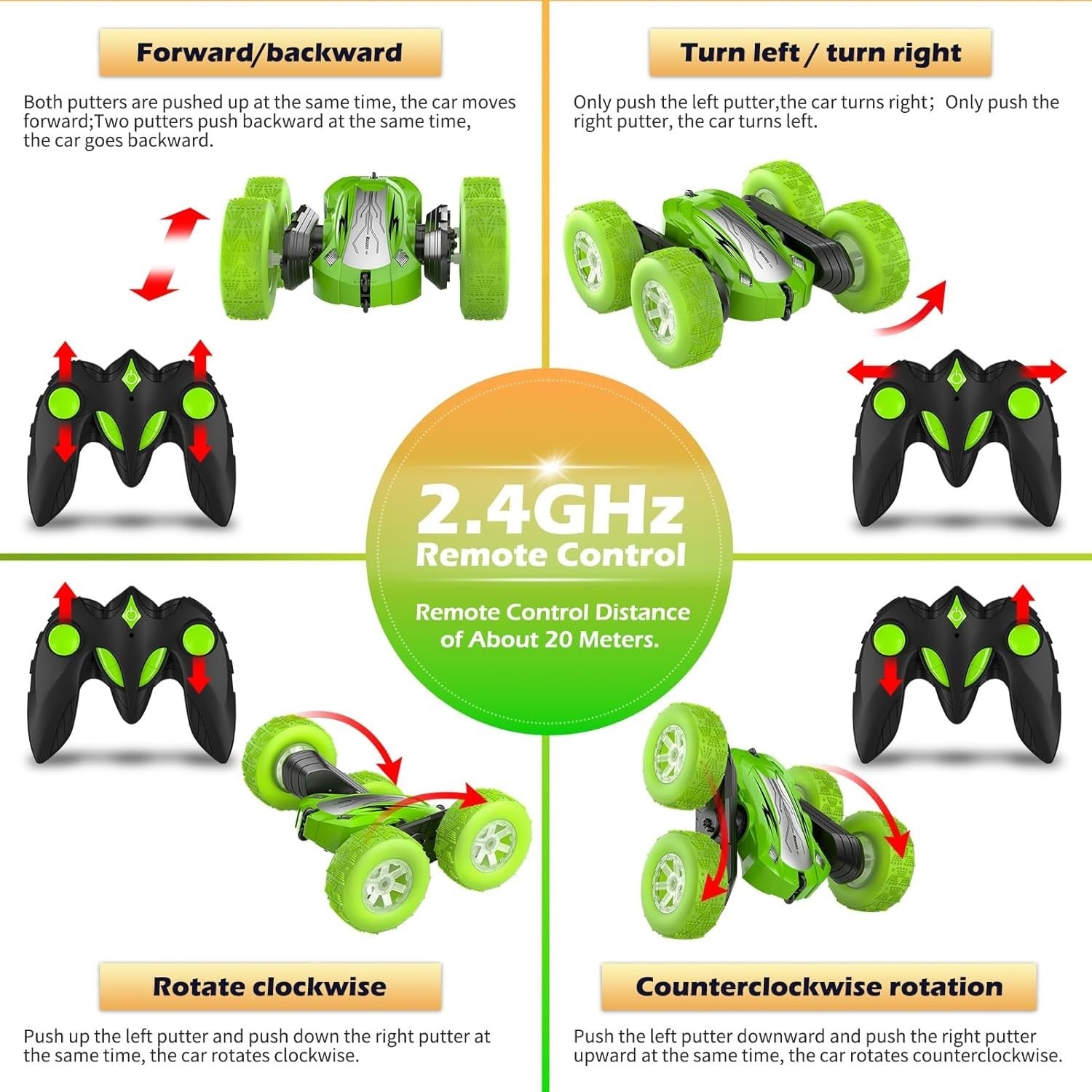 360° Flip RC Stunt Car Green LED Light Wheels 2 Batteries Remote Control Toy 6+