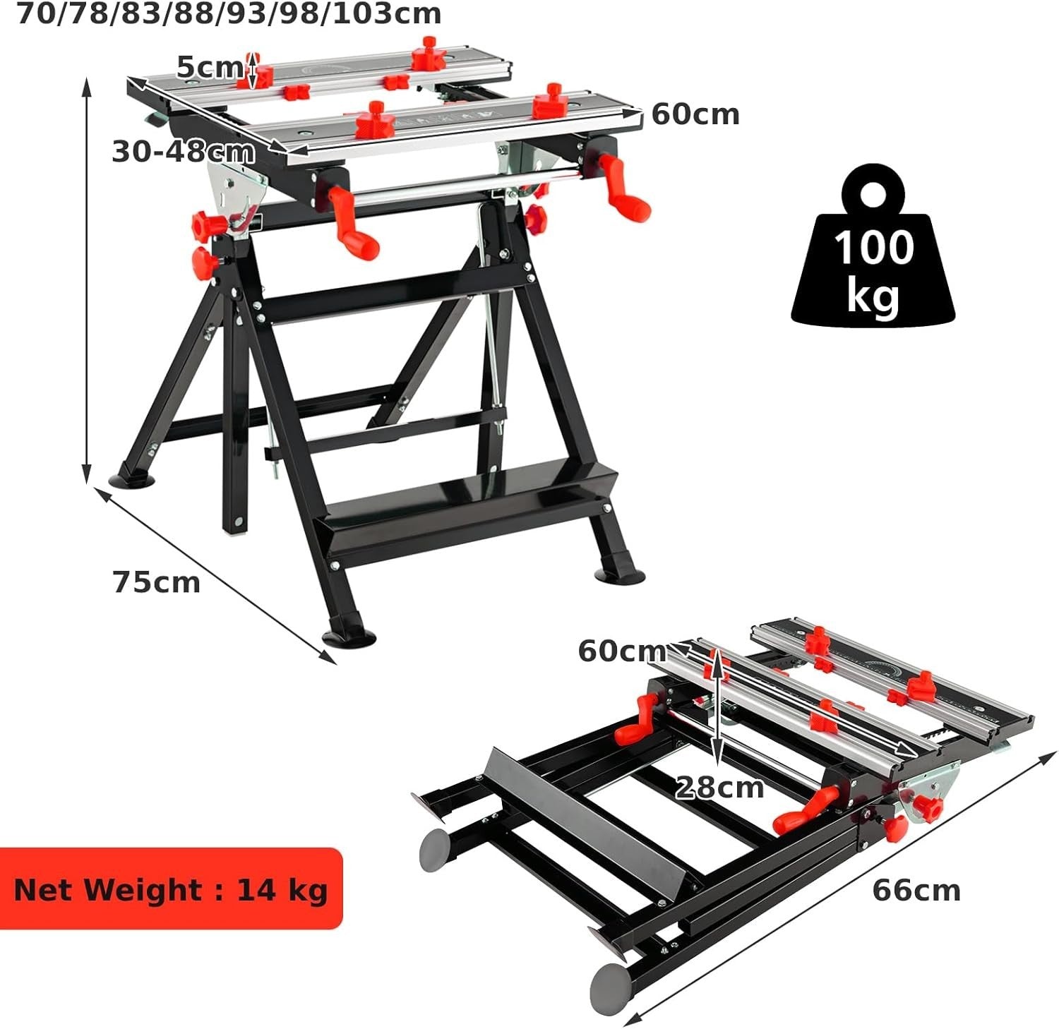 Folding Workbench 7-Level Adjustable Tilt Table Sawhorse Clamps Heavy Duty