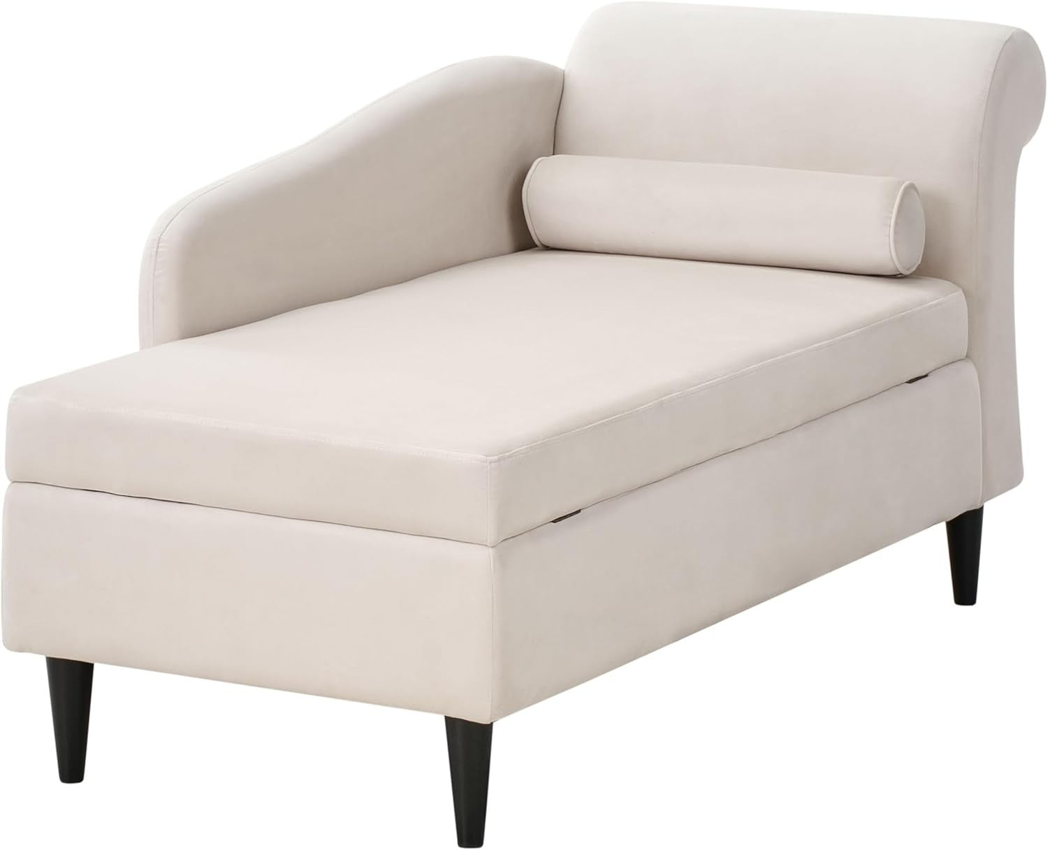 Right Hand Beige Velvet Chaise Lounge with Storage Soft Padding Wood Legs