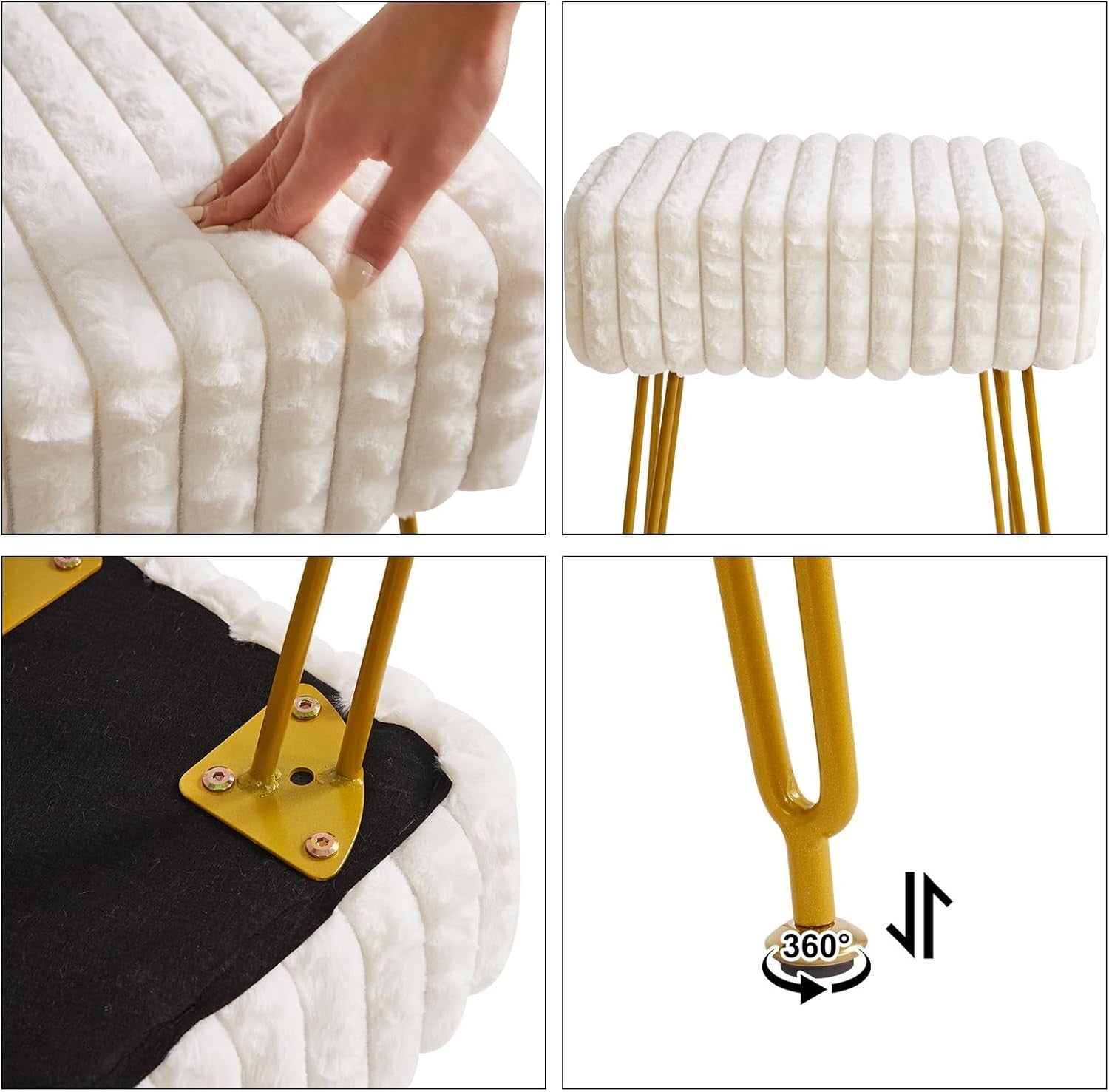 White Velvet Footrest Stool Ottoman – Golder Legs, Compact Vanity Seat