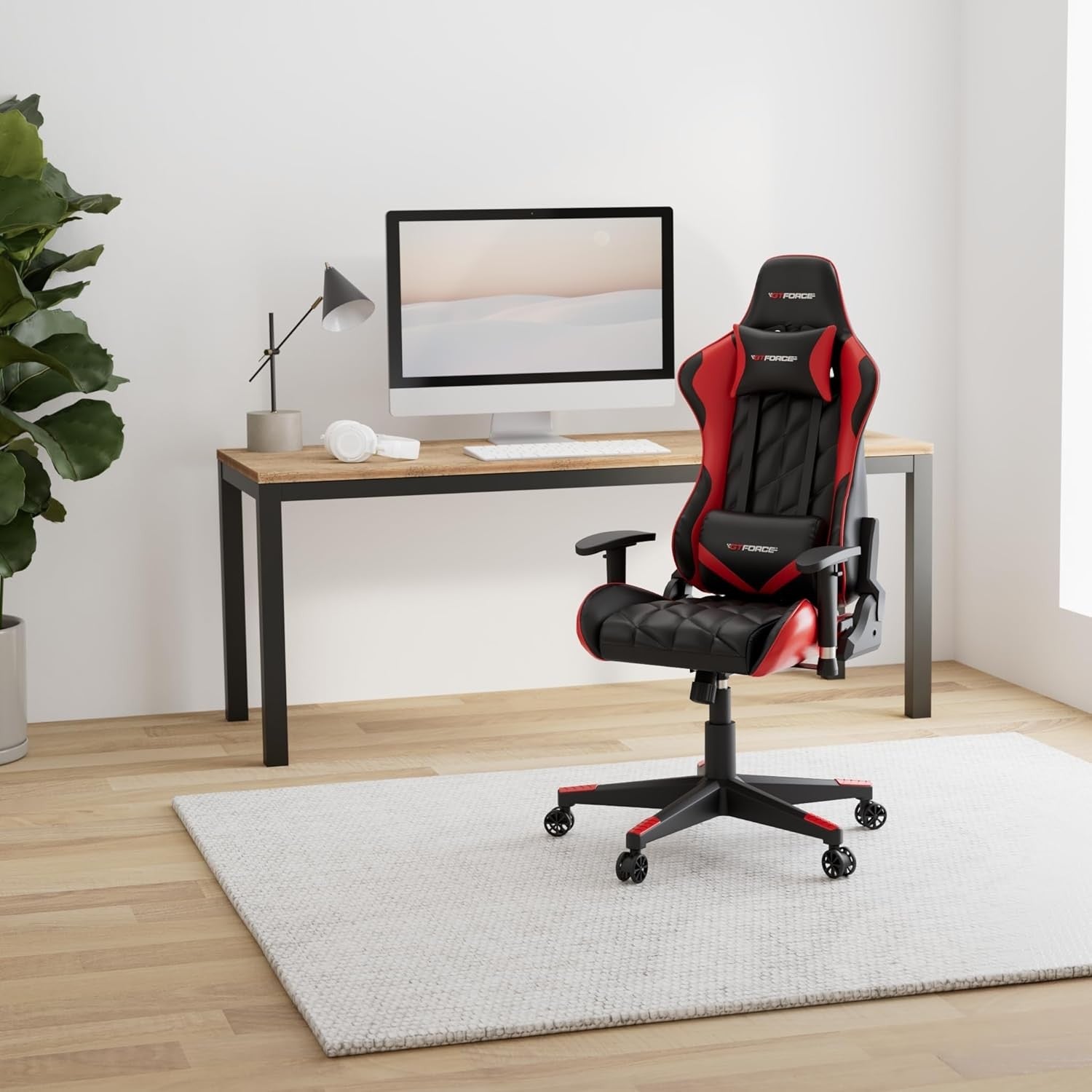 Reclining Gaming Chair Faux Leather Swivel High Back Red