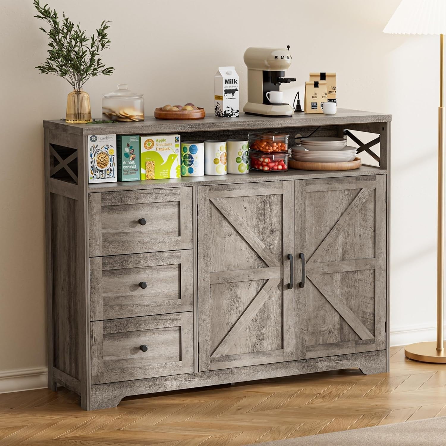 Grey Sideboard Cabinet 95cm Storage Unit Drawers Adjustable Shelf Charging Hub
