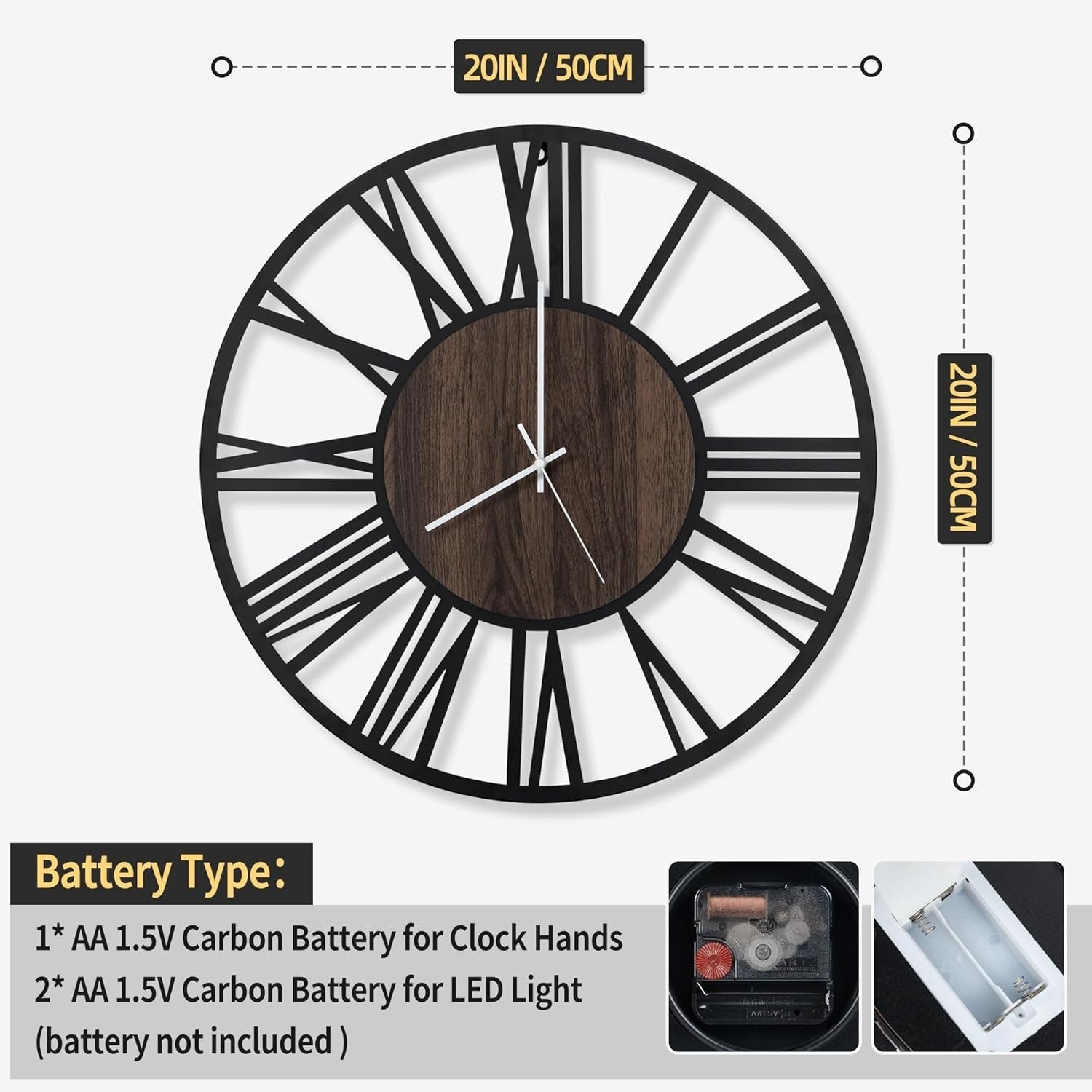 Large 50cm Roman Numeral Wall Clock LED Silent Battery Operated Modern Decor