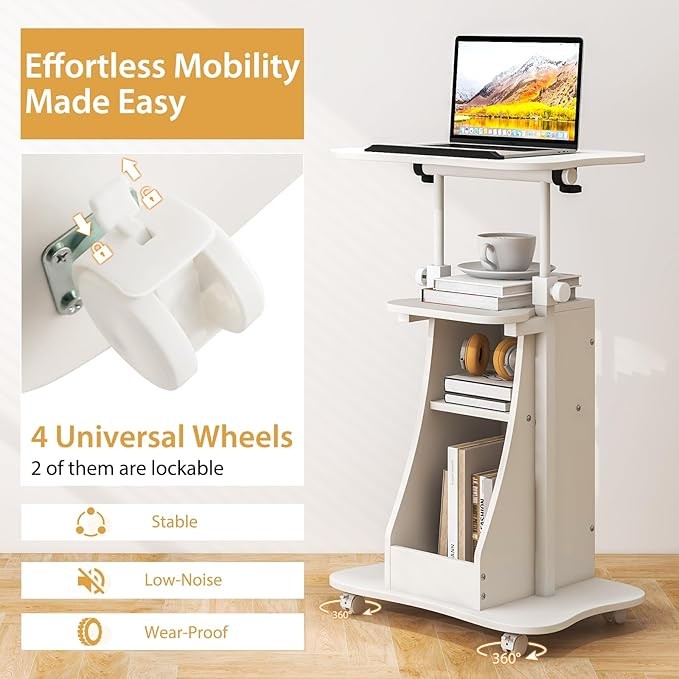 Mobile Laptop Table Height Adjustable Sit Stand Desk with Storage Wheels White