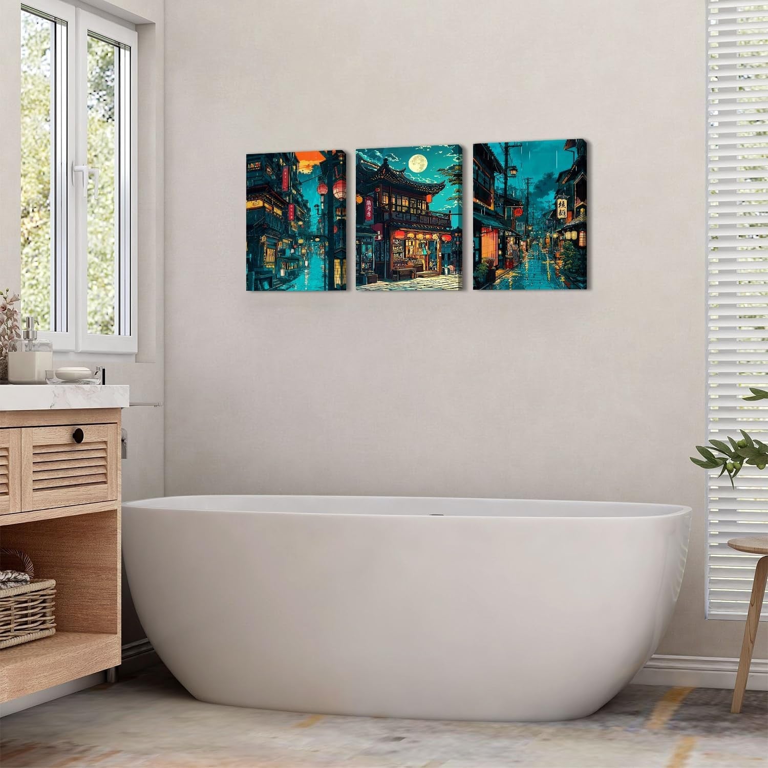 Japanese Anime Tokyo Night Wall Art Set of 3 Framed 12x16in