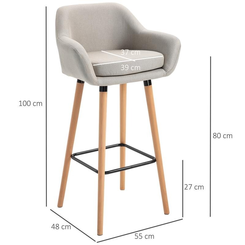 2x Beige Linen Bar Stools with Backrest Armrest Wood Legs for Kitchen