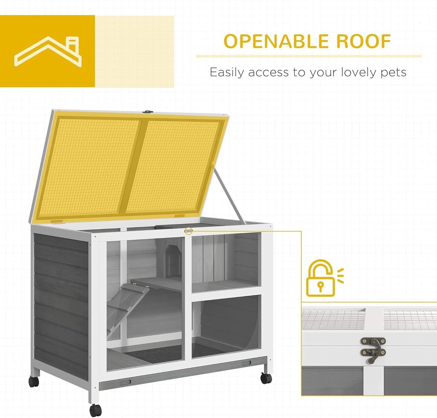 Indoor Rabbit Guinea Pig Wooden Hutch 2 Tier Wheels Open Roof