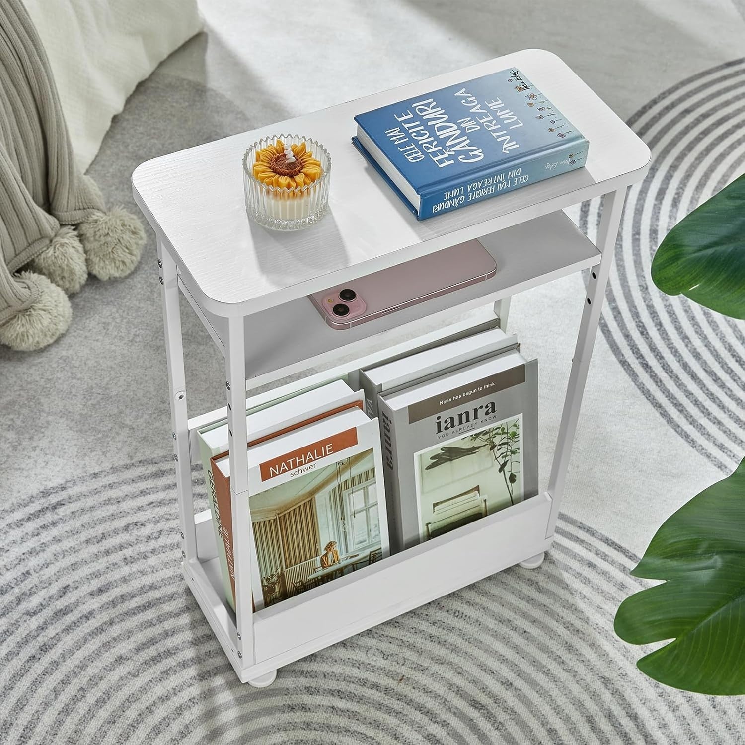 White Narrow Side Table for Small Spaces – Slim Bedside Unit with Shelf