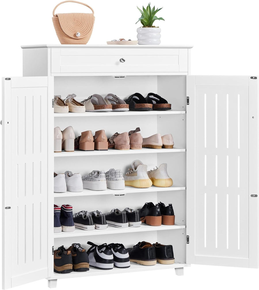 White 5-Tier Shoe Cabinet with Drawer & Adjustable Shelves – Space Saver