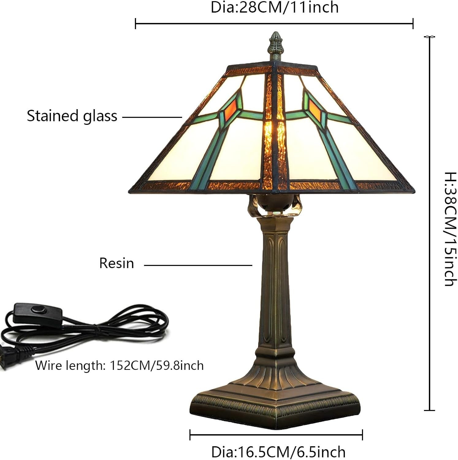 Tiffany Style Table Lamp Vintage Stained Glass Bedside Light w/ LED