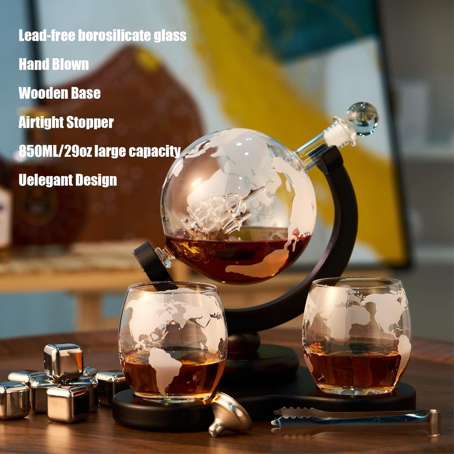 Luxury Globe Whiskey Decanter Set 850ml Glass with 2 Tumblers & Ice Stones