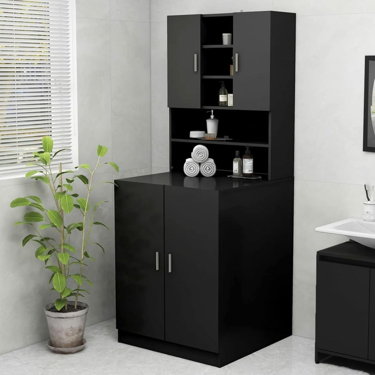 Black Washing Machine Cabinet Tall Laundry Storage Unit with Doors & Open Shelve