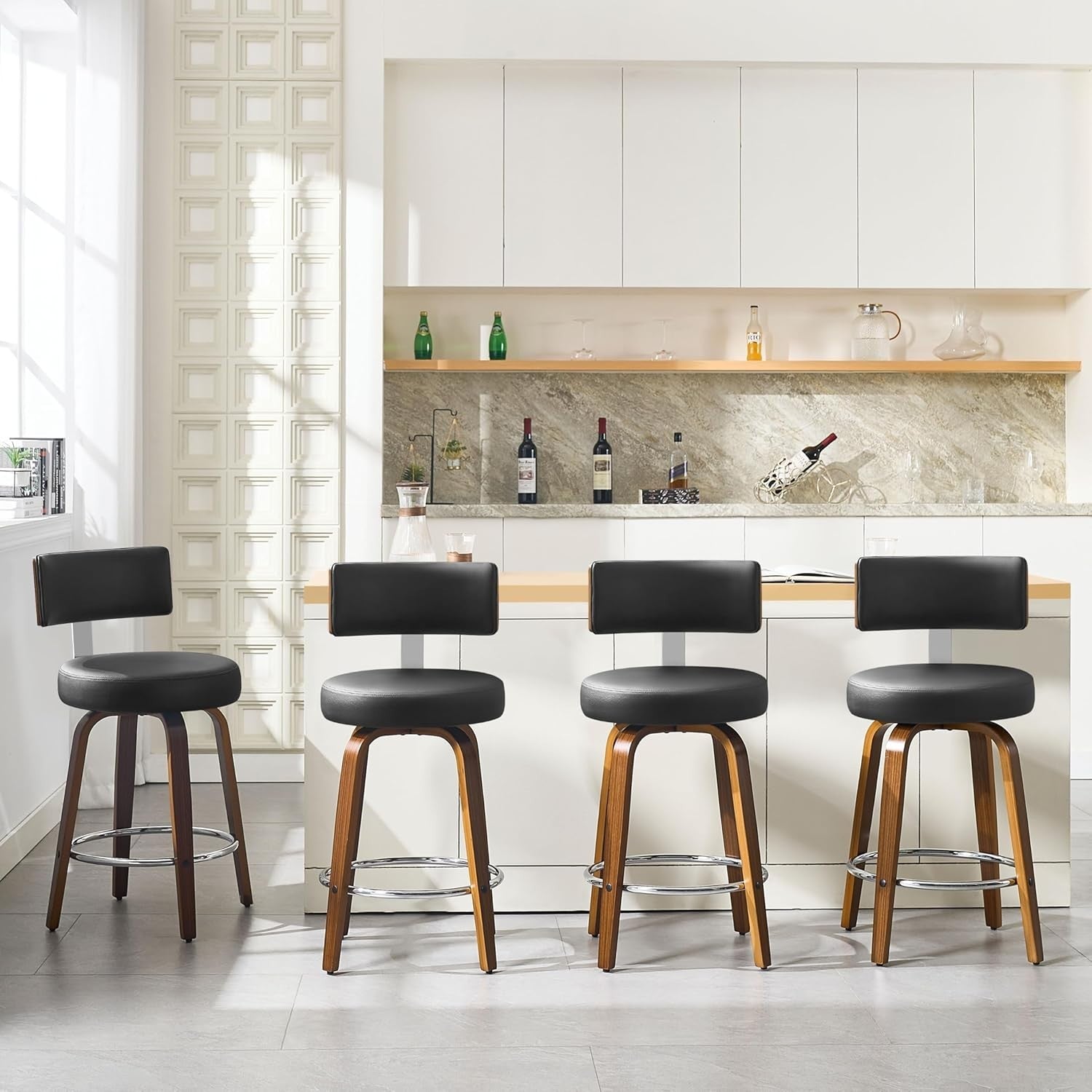 Black Round PU Leather Swivel Bar Stools Set of 2 | Wooden Counter Chairs